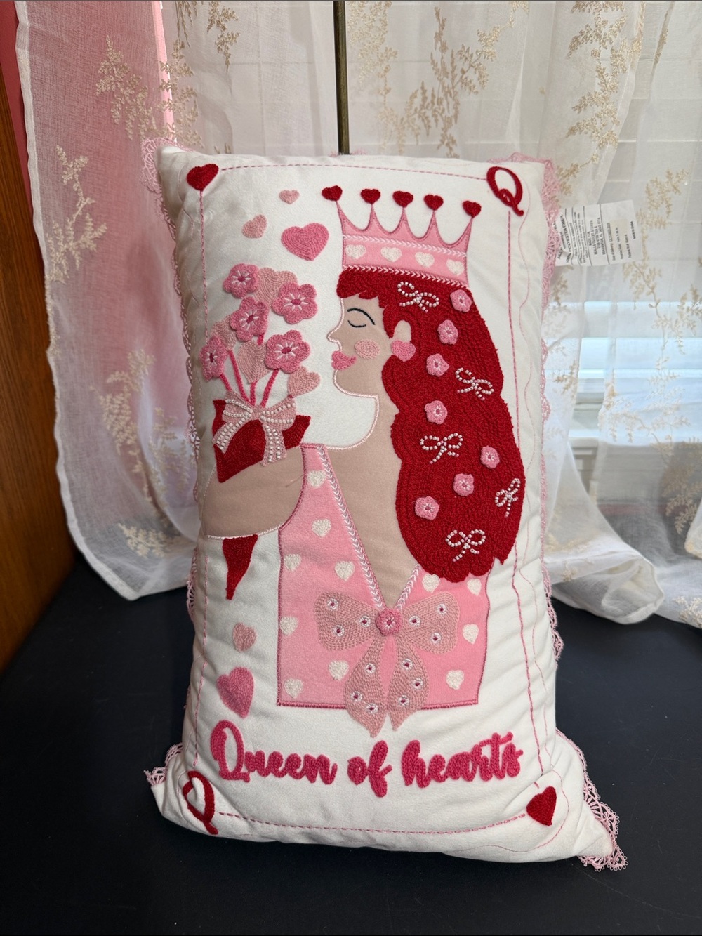 Queen of hearts beaded and embroidered decor pillow